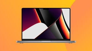 A product shot of the Macbook Pro 2021 on a colourful background
