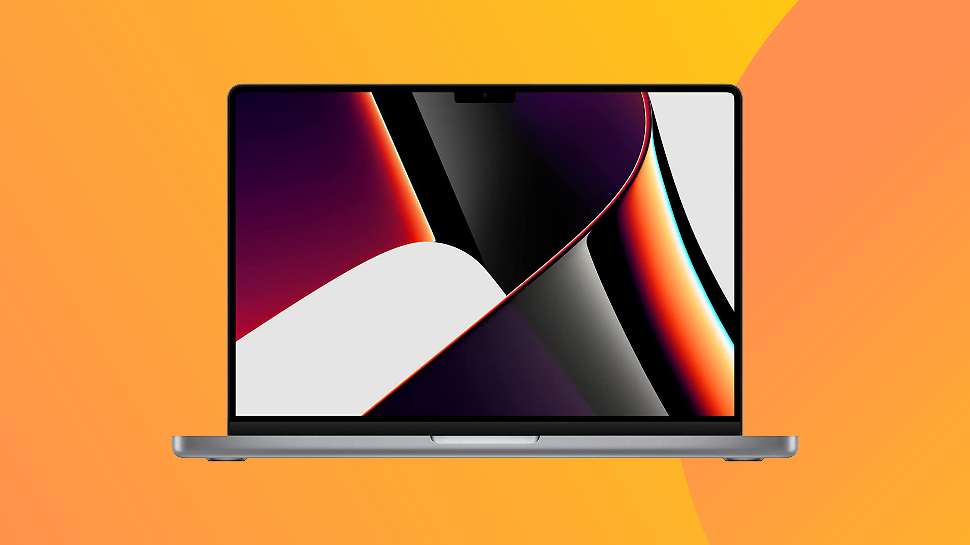 A product image of the Macbook Pro 2021 on a colorful background
