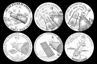 The six candidate designs for the Hubble Space Telescope theme of Maryland's American Innovation coin. The design recommended to the Secretary of the U.S. Treasury is at bottom right.