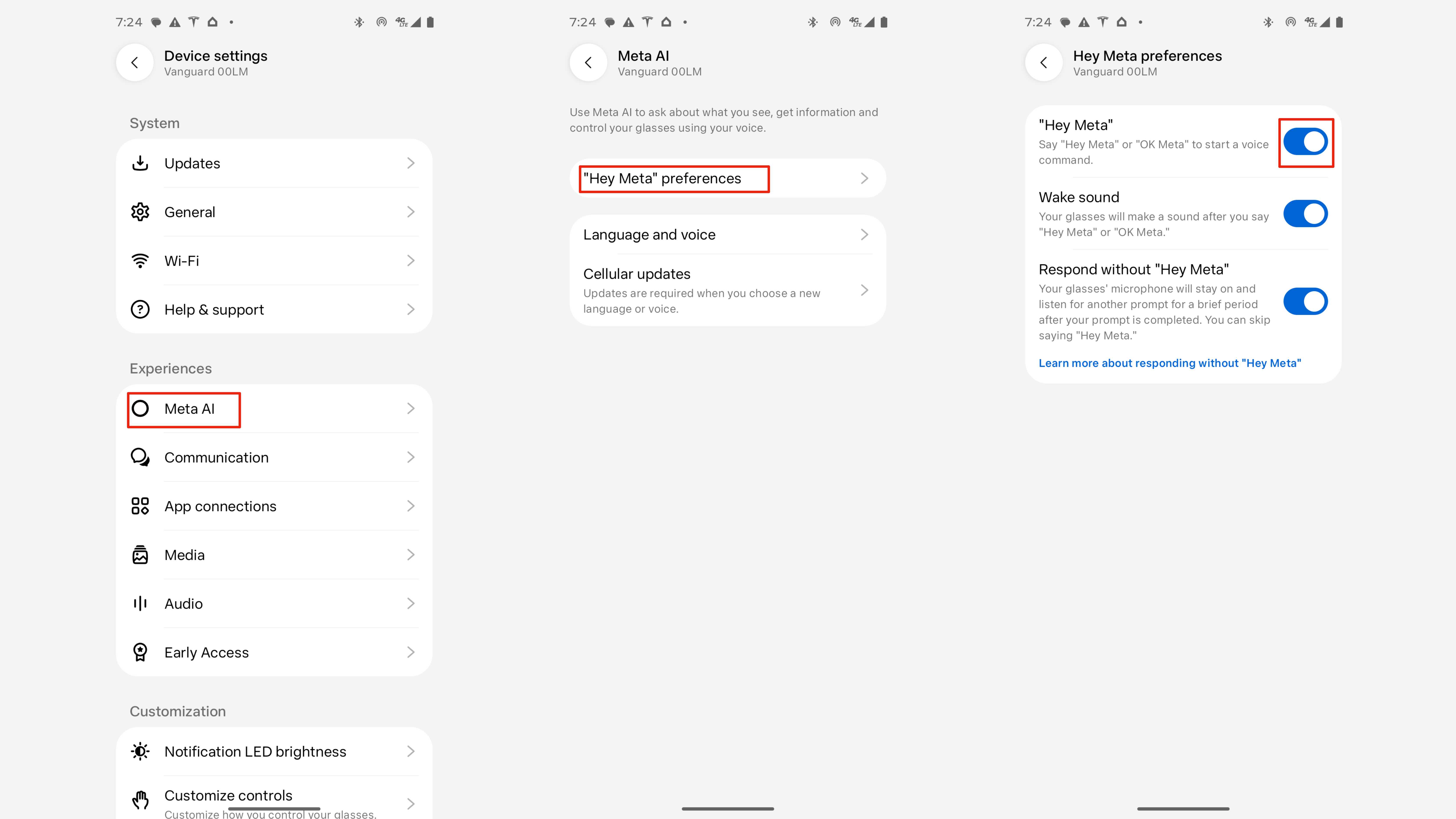 Steps for changing Meta smart glasses privacy settings in the Meta AI app.