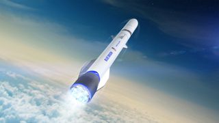 An artist's illustration of Blue Origin's New Glenn rocket in flight.