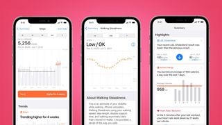 iOS Health app screenshots on a pink background