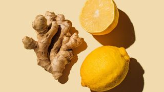 Ginger root and lemon cut in half