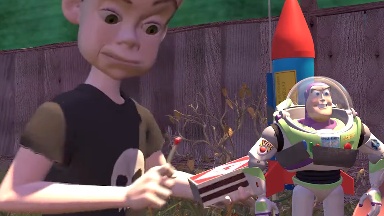 Sid holding a match next to Buzz Lightyear in Toy Story