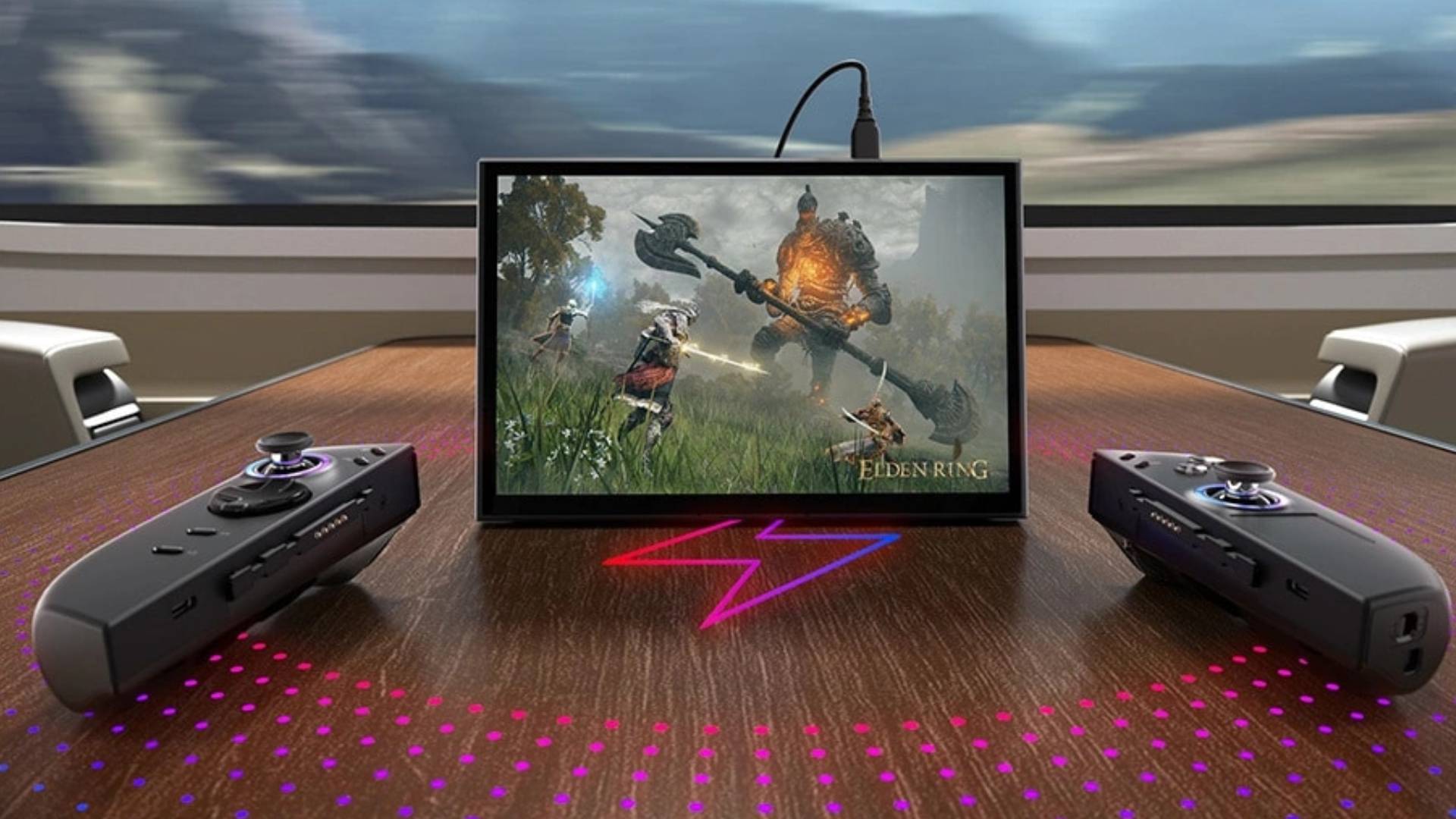 Lenovo Legion Go 2 on train table with controllers detached and charger plugged in with Elden Ring image on screen.