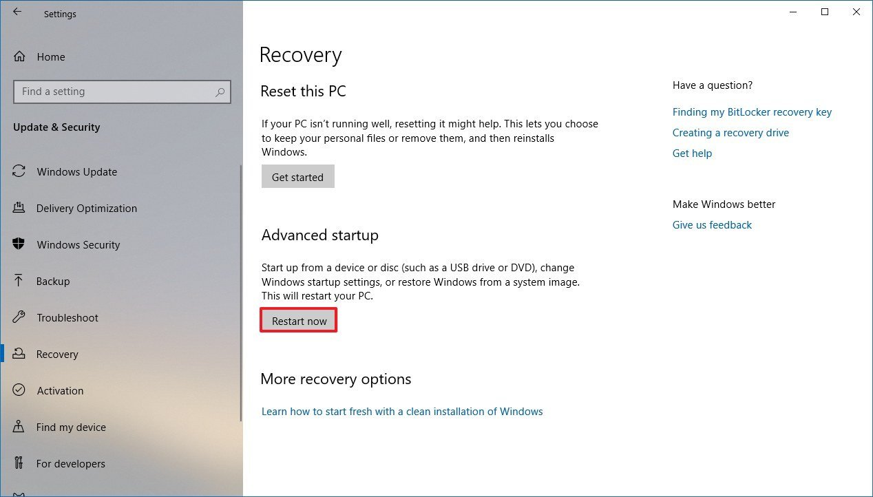 Windows 10 recovery settings