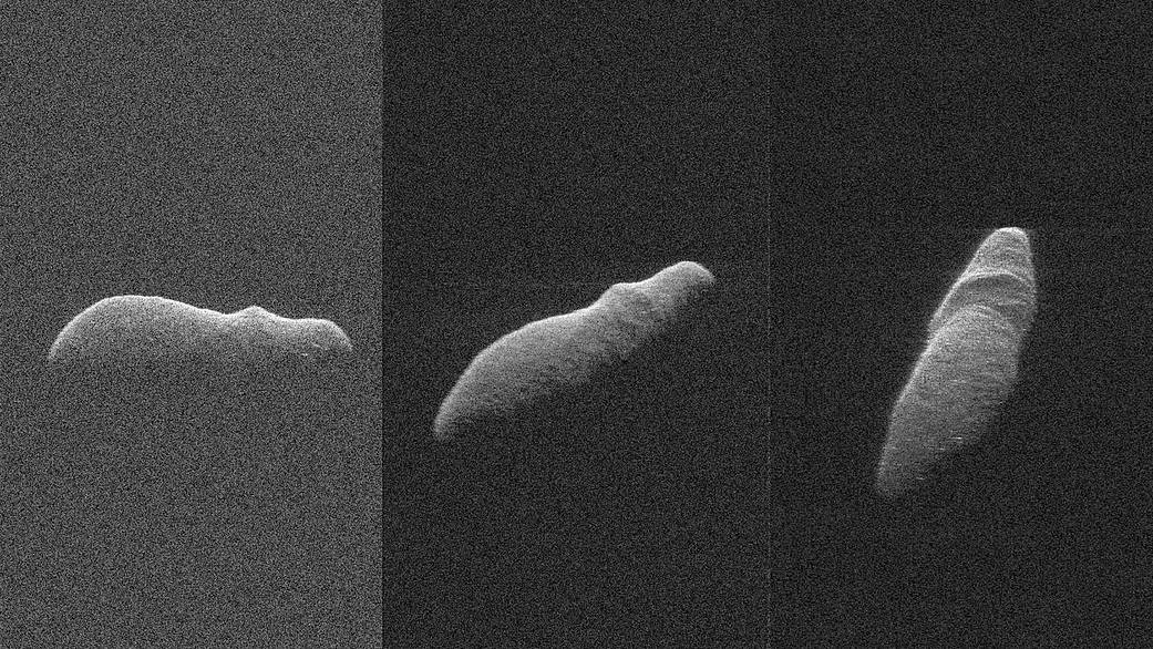 These three radar images of hippo-shaped near-Earth asteroid 2003 SD220 were captured between Dec. 15-17, 2018 using NASA&#039;s Goldstone antenna, the Arecibo Observatory in Puerto Rico and the Green Bank Telescope in West Virginia.