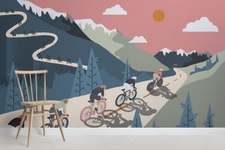 gym wall mural with cyclists cycling through mountains