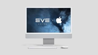 The EVE Online and Apple logos against a space background wallpaper on an iMac