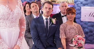 Luke Morgan and Mandy Richardson prepare for their big day as Darren Osborne and guests watch on in Hollyoaks.