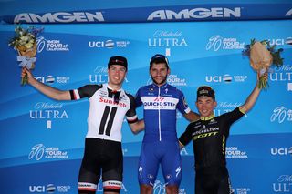 The podium for stage 7 of the 2018 Tour of California: winner Fernando Gaviria (Quick-Step) with Max Walsheid (Sunweb) and Mitchelton-Scott's Caleb Ewan
