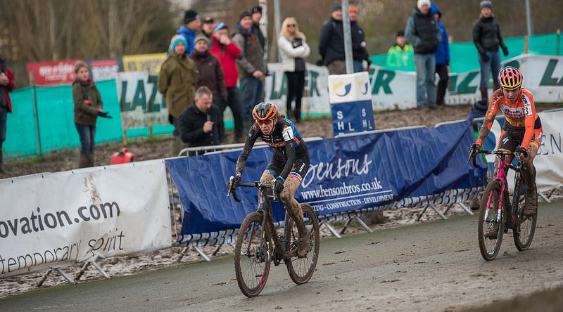 Helen Wyman (Kona/FSA) leads Nikki Harris (Boels Dolmans CT) at the British National Cyclo-cross Championships.