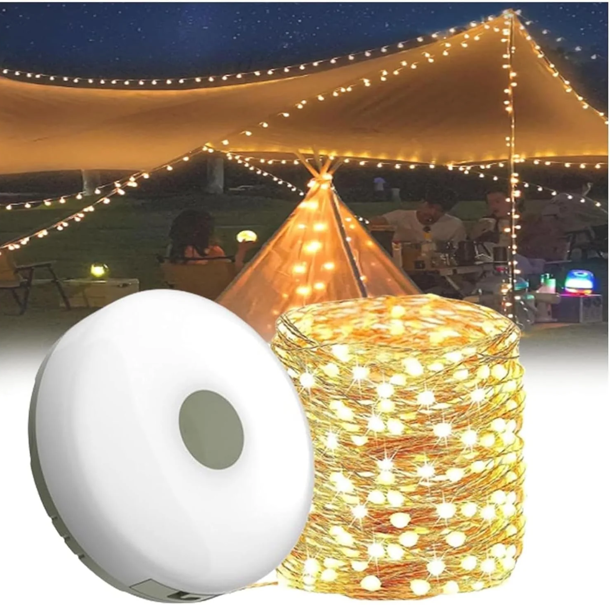 a set of string lights next to a retractable device in front of an image of a tent with string lights