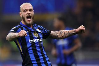 Federico Dimarco of Fc Internazionale celebrates at the end of the Uefa Champions League football match between FC Internazionale and RB Leipzig. Fc Internazionale wins 1-0 over RB Leipzig.