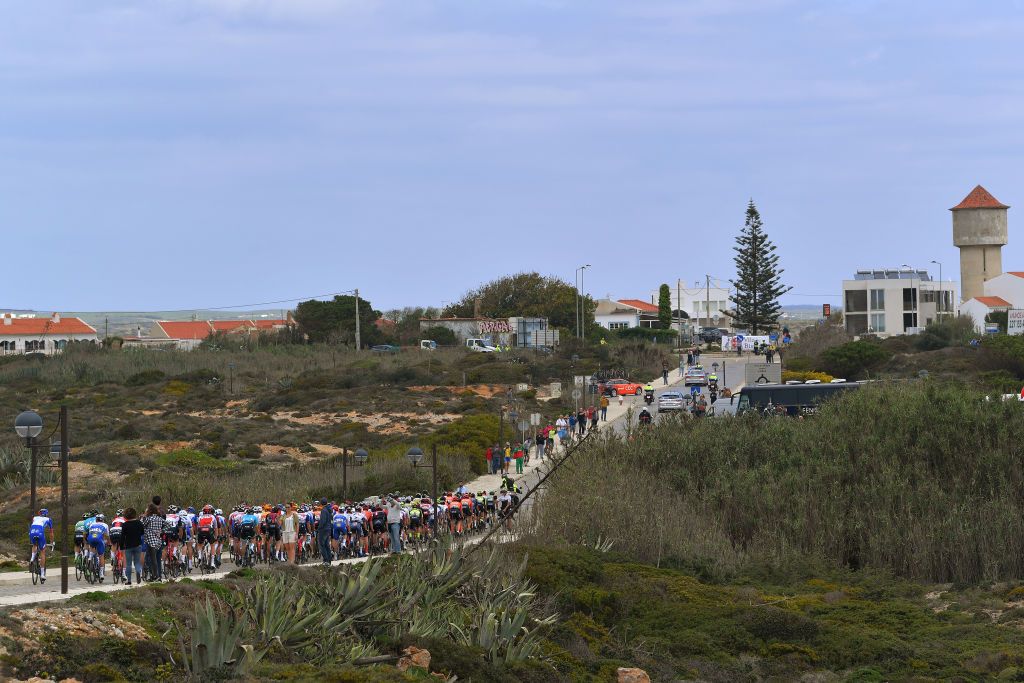ALTO DA FIA MONCHIQUE PORTUGAL FEBRUARY 20 Start Peloton Sagres Village Landscape during the 46th Volta ao Algarve 2020 Stage 2 a 1839 km stage from Sagres Vila do Bispo to Alto da Fia 884m Monchique VAlgarve2020 on February 20 2020 in Alto da Fia Monchique Portugal Photo by Tim de WaeleGetty Images