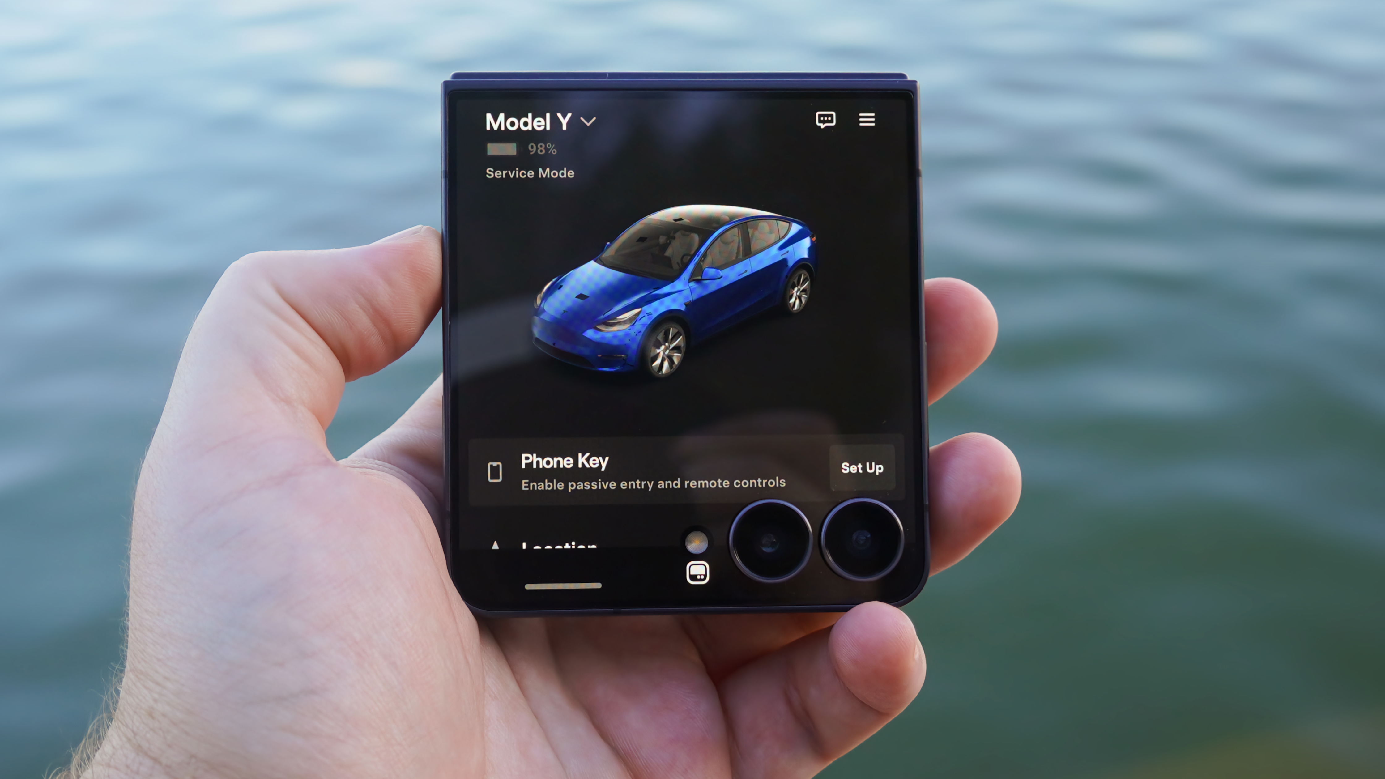 The Tesla app running on the Samsung Galaxy Z Flip 7 cover screen.