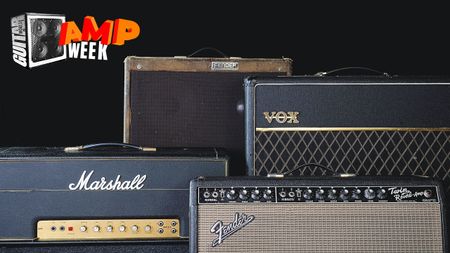 Four Marshall, Vox and Fender amps on a black background