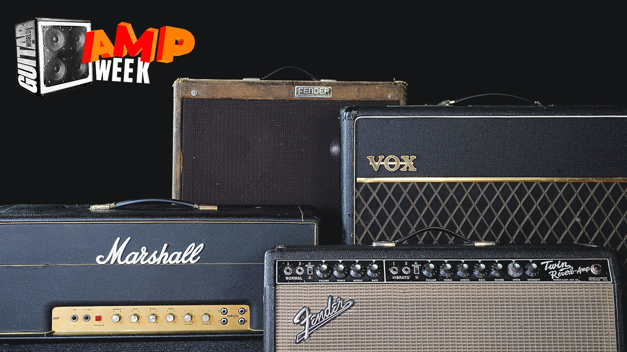 Four Marshall, Vox and Fender amps on a black background