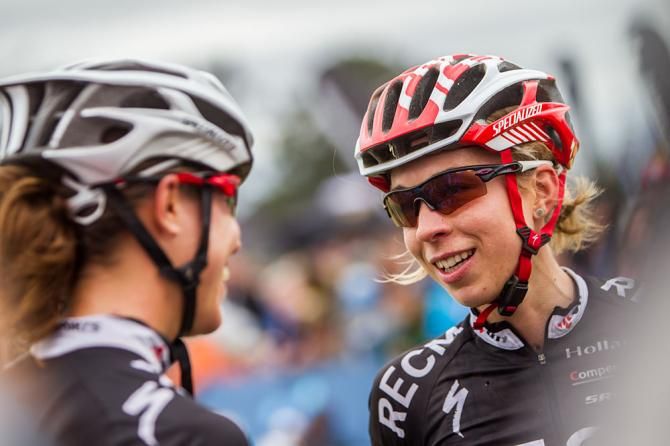 Annika Langvad and Ariane Kleinhands at the finish line