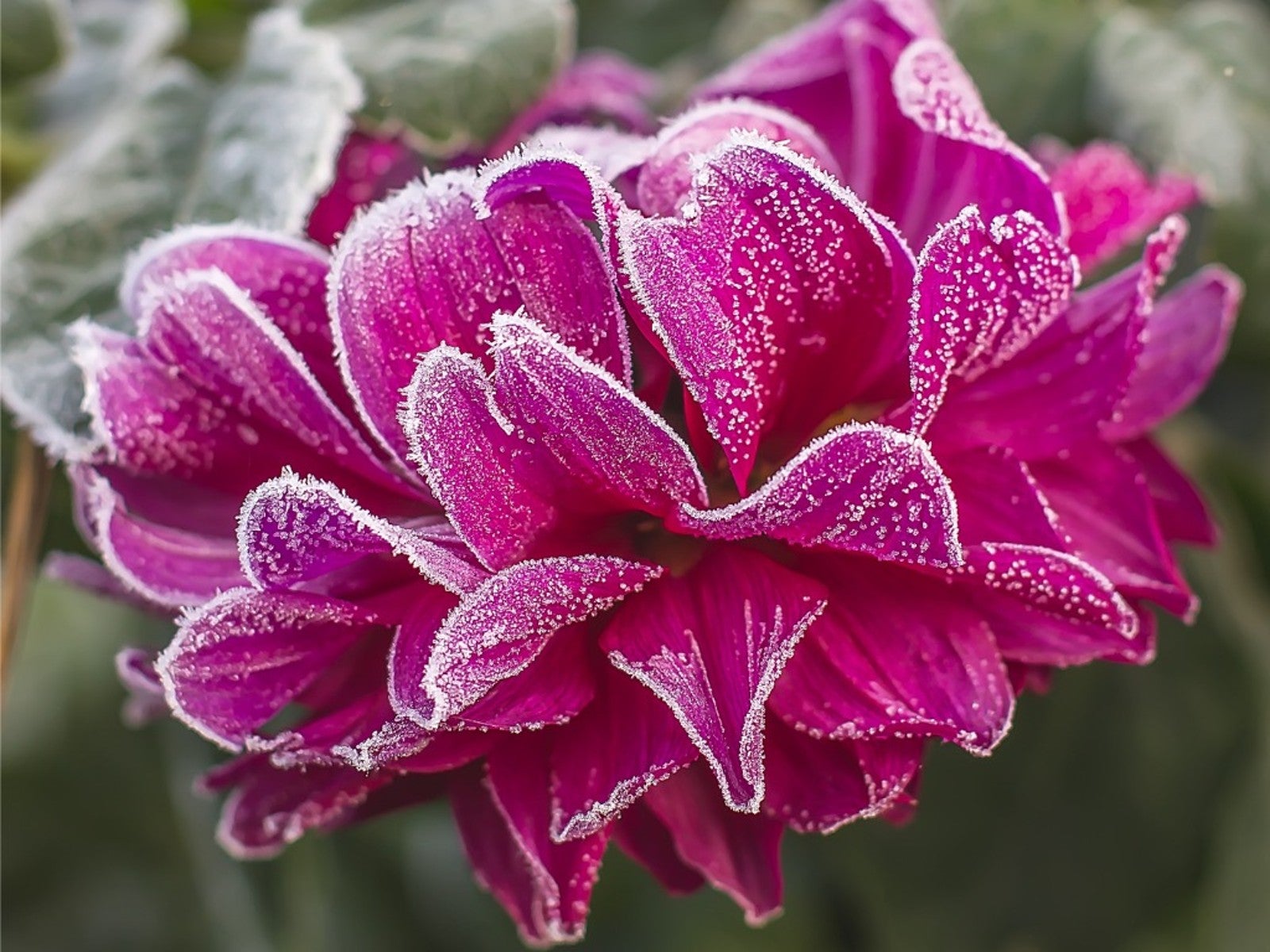 A pink peony covered in frost