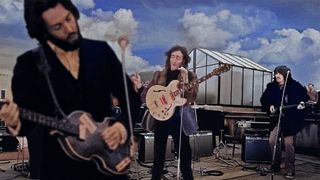 Paul McCartney, John Lennon and George Harrison perform on the Apple Corps rooftop, in London, Januar 30, 1969.
