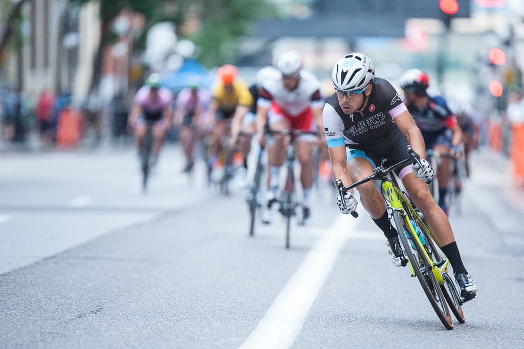 Stefan Rothe (Elbowz Racing) with a slight gap on the field early in Wednesday nights Saint Paul criterium