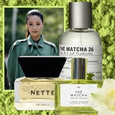 girl dressed in. green on a matcha background next to three matcha perfumes