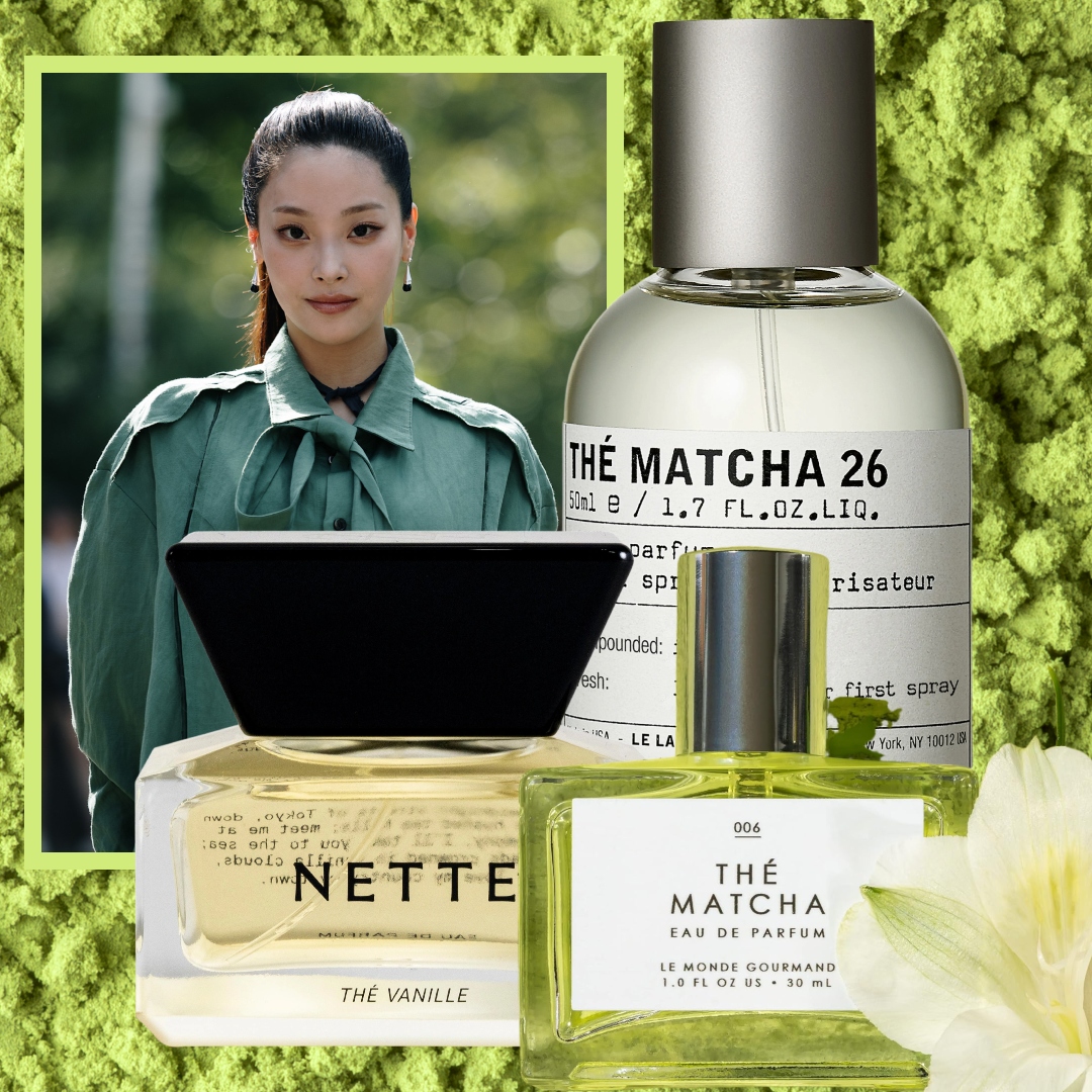 girl dressed in. green on a matcha background next to three matcha perfumes