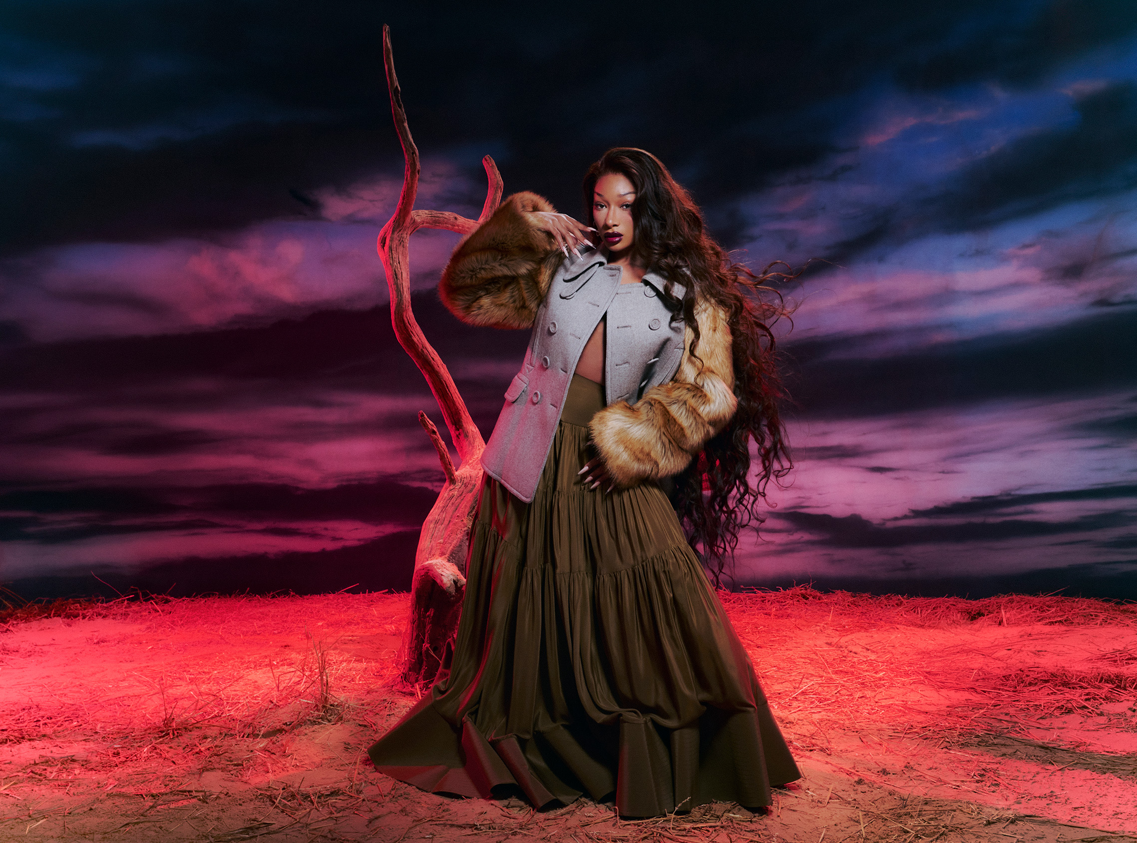 Megan Thee Stallion wearing fur and a long skirt against a sunset background