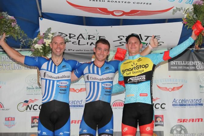 Men's podium (L-R): Karl Menzies, Brad White and Jackie Simes