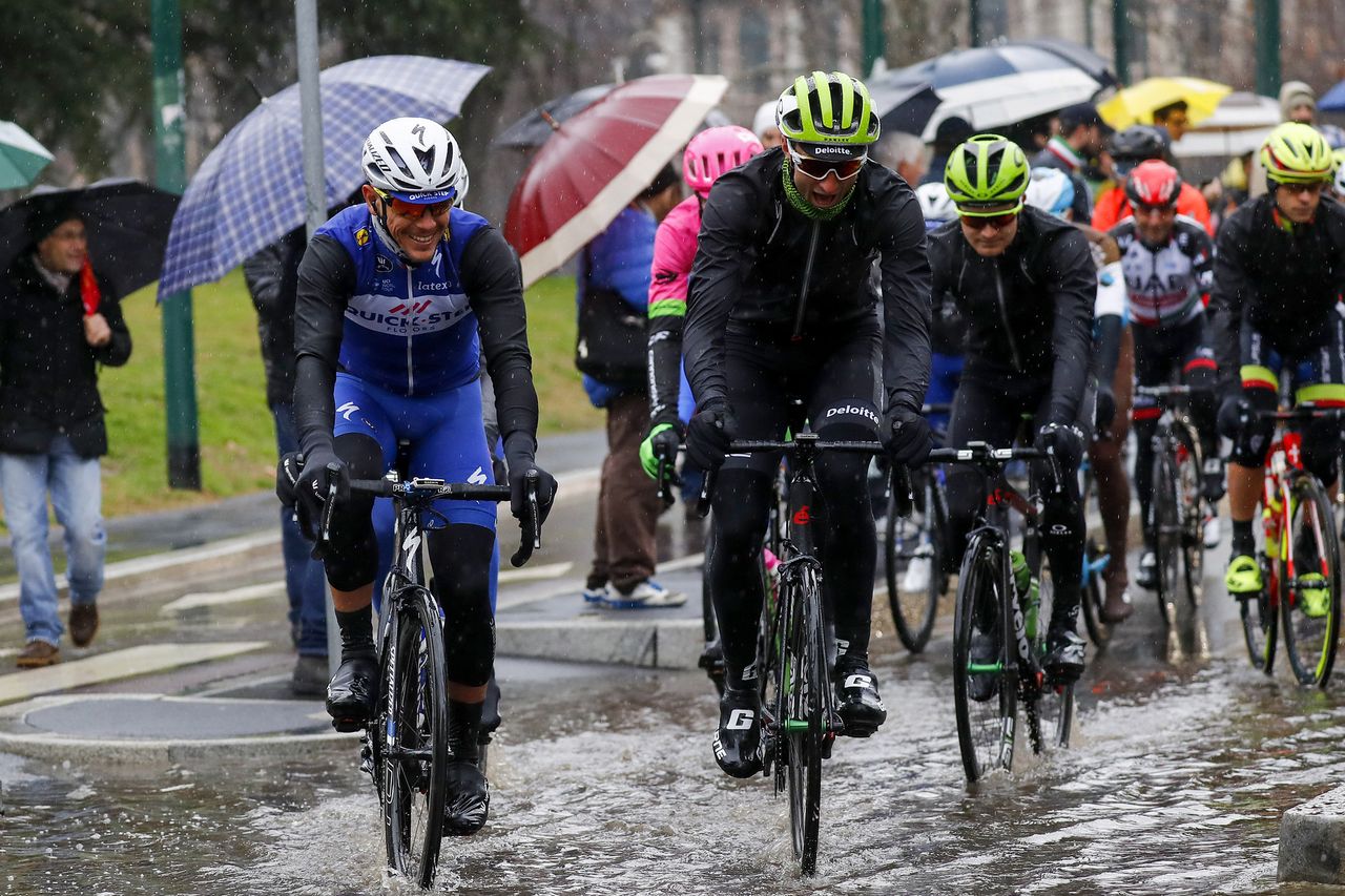 Heavy rains at the start of the 2018 Milan-San Remo led to some deep puddles