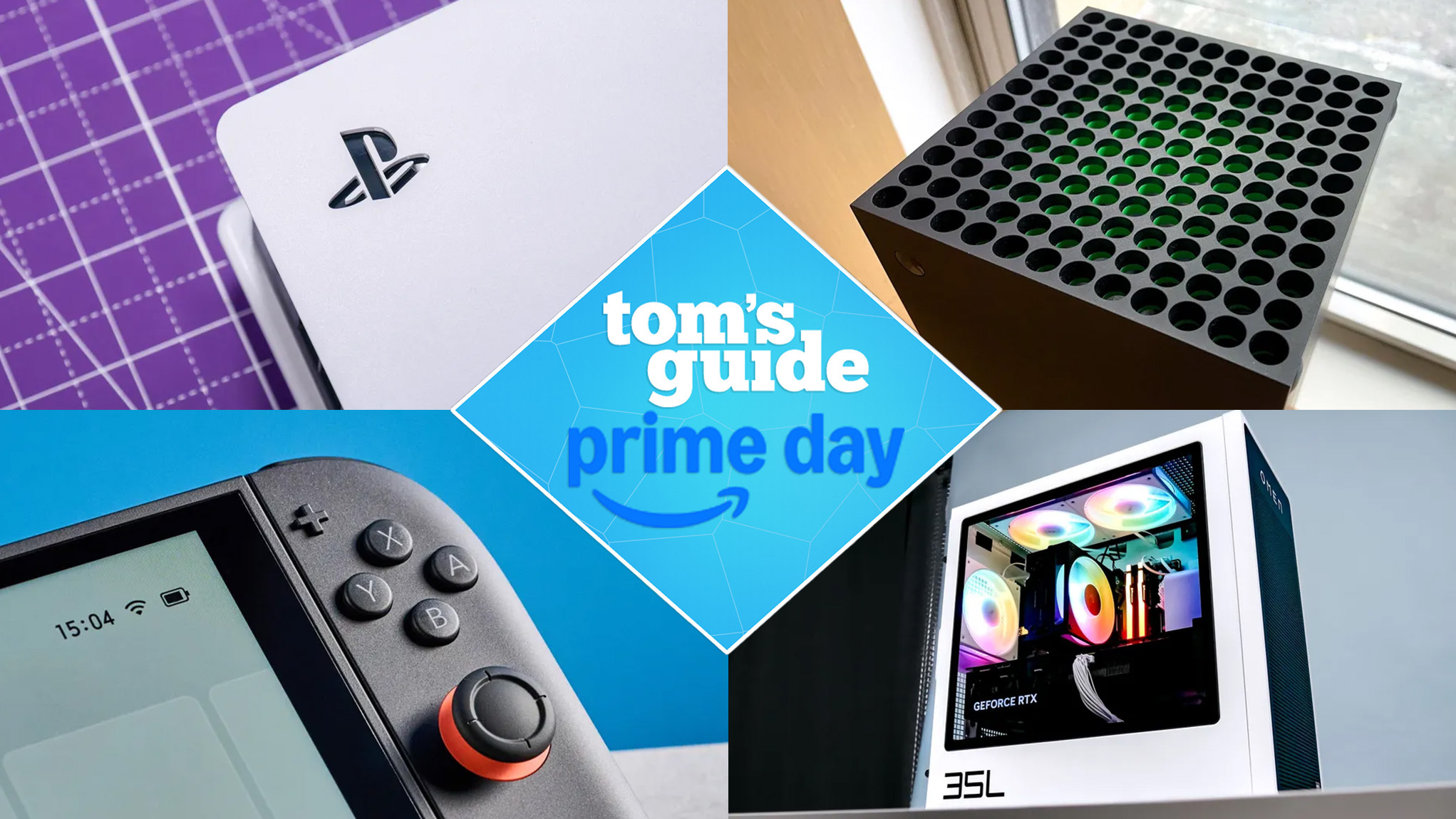 PS5 Pro, Xbox Series X, Nintendo Switch 2 and a HP gaming PC around a Tom's Guide Prime Day deal tag