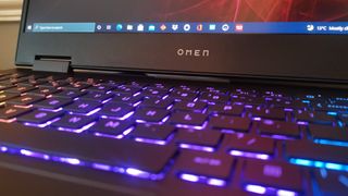 A close up of the HP Omen 15 logo on the display
