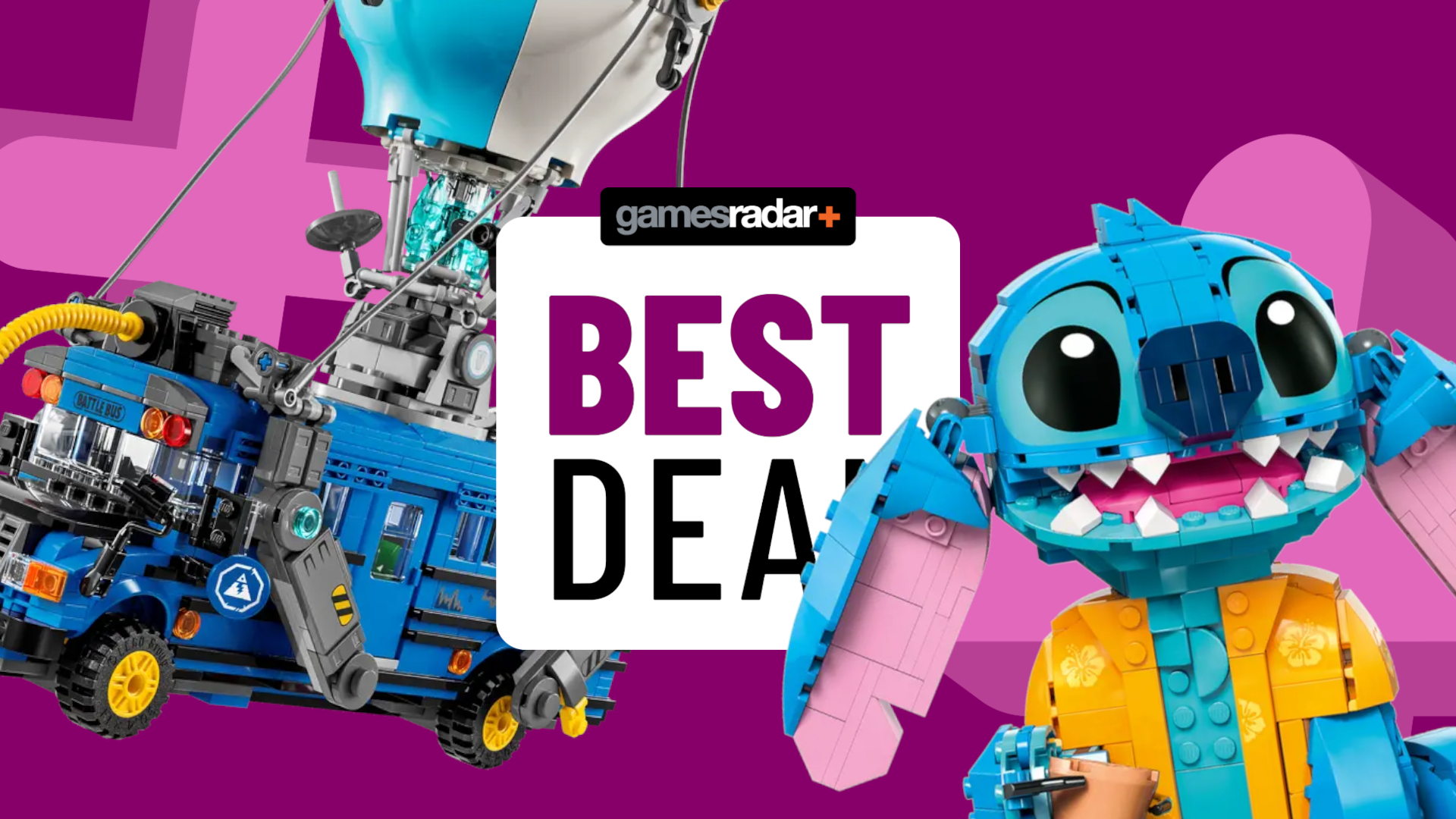 Lego Fortnite Battle Bus and Stitch on either side of a GamesRadar+ 'best deal' badge, against a purple background