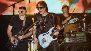 Joe Satriani, Steve Vai, and Kenny Aronoff perform on stage at Harrah's Resort Southern California on May 10, 2024 in Valley Center, California.