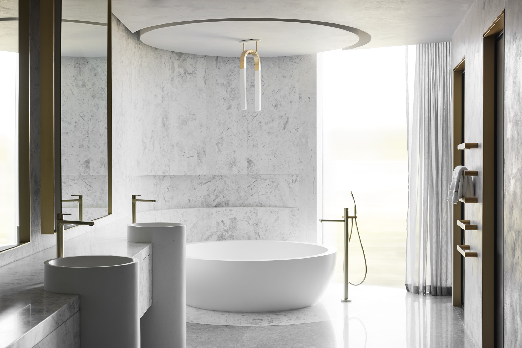 huge bathroom with sculptural light at Curatorial House in Melbourne