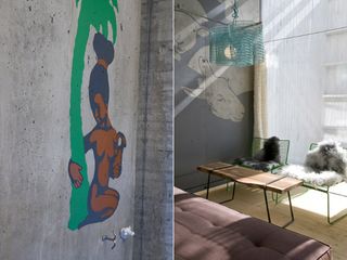 Side by side images. Left: A cartoon female character underneath a palm tree. Right: Two green metal chairs with faux fur covers, a wood table in front, a sofa, a sheep/goat painted on the wall.