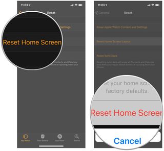 Tap Reset Home Screen Layout for Apple Watch, confirm