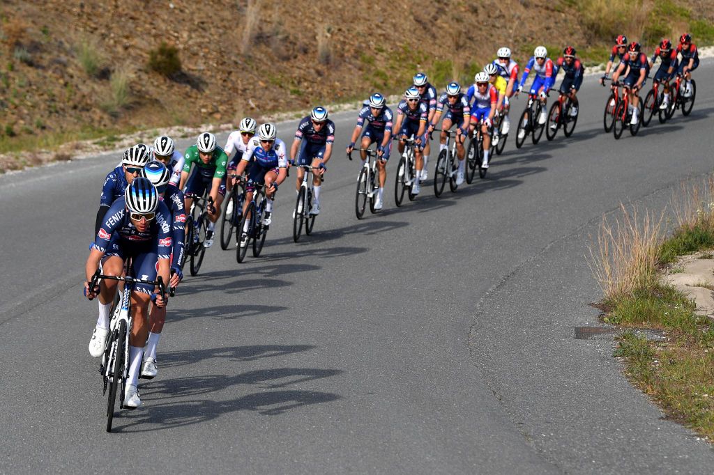 FARO PORTUGAL FEBRUARY 18 Oscar Riesebeek of Netherlands and Team AlpecinFenix leads the peloton during the 48th Volta Ao Algarve 2022 Stage 3 a 2114km stage from Almodvar to Faro VAlgarve2022 on February 18 2022 in Faro Portugal Photo by Luc ClaessenGetty Images