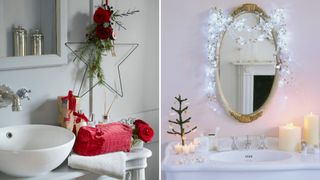 Bathrooms with Christmas decorations, red colored accessories and fairy lights to show how to host a Christmas party in style