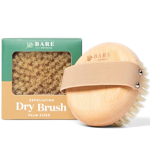 Bare Botanics Dry Body Brush for Lymphatic Drainage - Improve Circulation W/gentle Exfoliation for Soft Skin - Ergonomically Designed W/elastic Strap - Soft But Firm Natural Boar Bristles