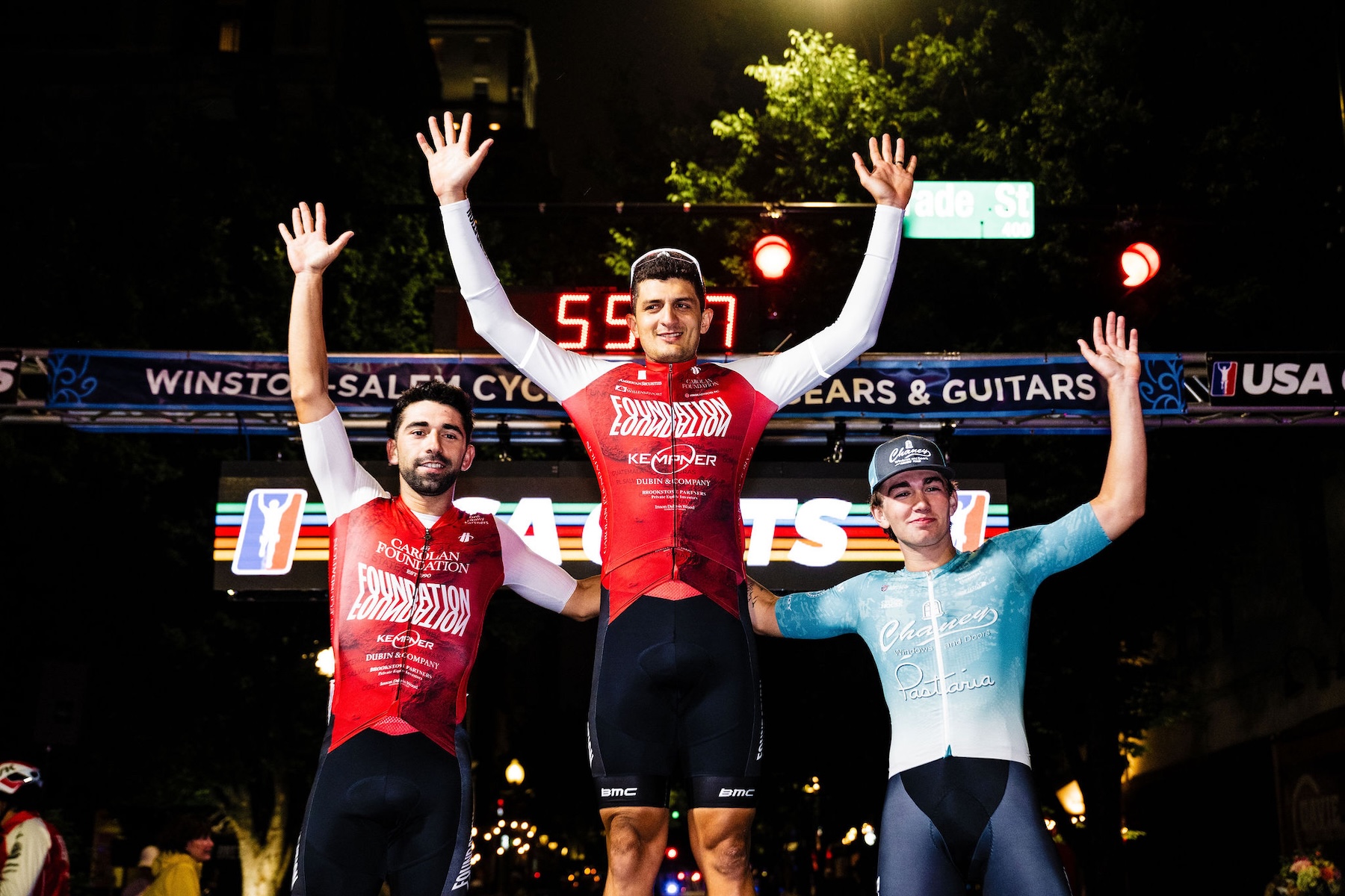 USA Crits Streets of Fire Criterium men's podium: second place Marcos Mendez, winner Bryan Gomez and third place Maddox Simmons
