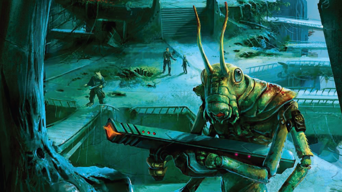 An insectoid alien wielding a gun in the tabletop RPG Ashen Stars. 