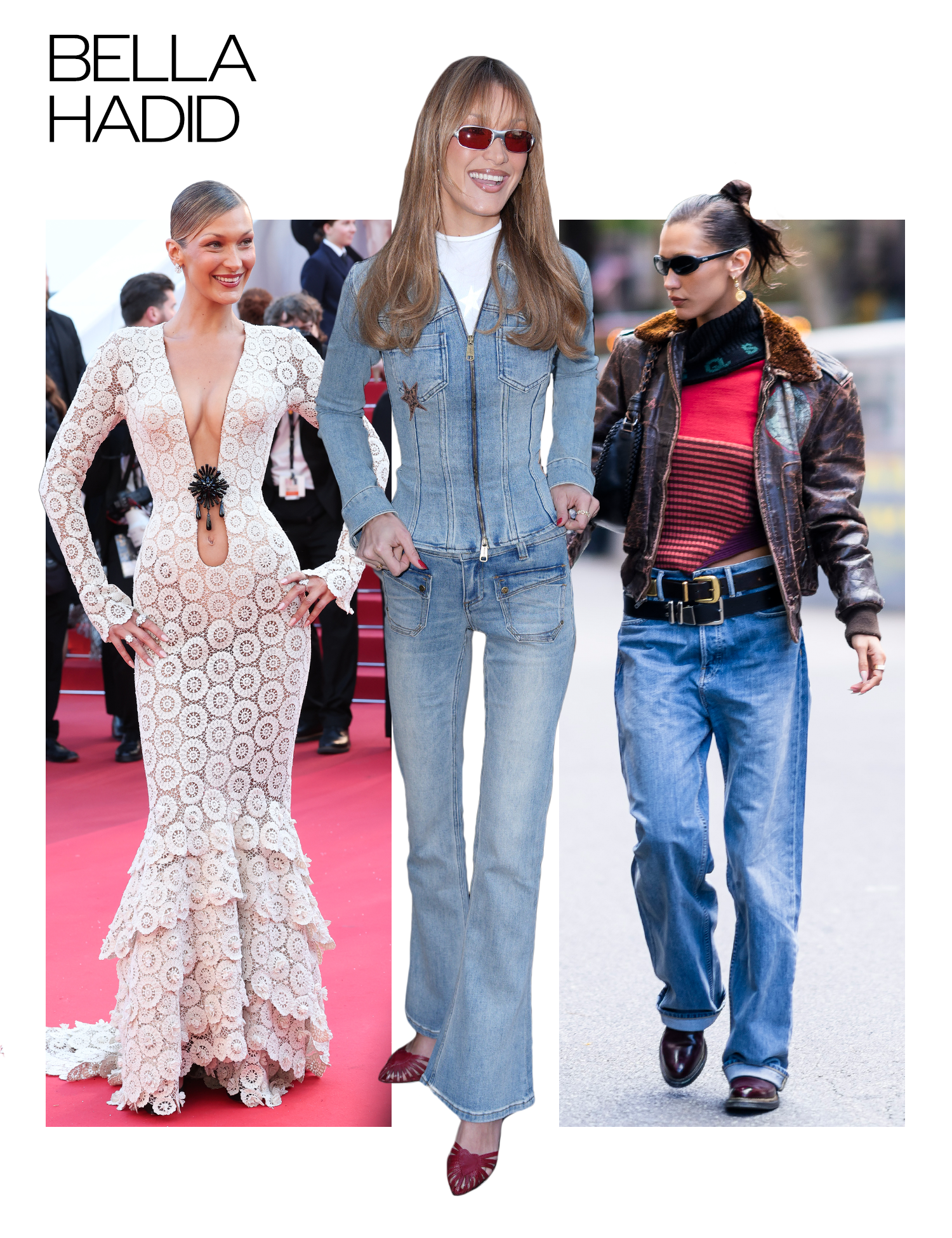 A collage of Bella Hadid photos that show her style