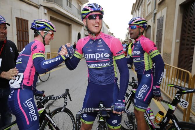Sacha Modolo celebrates victory at the Trofeo Ses Selines with his Lampre-Merida teammates