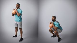 Man demonstrates two positions of the goblet squat using a kettlebell