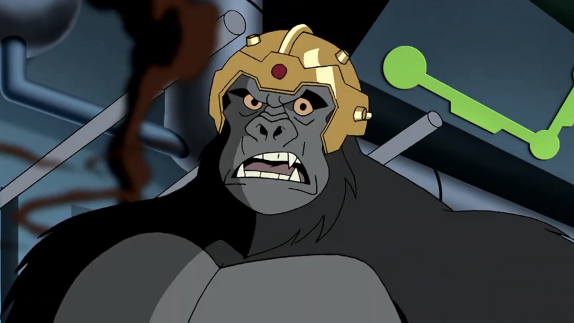 Gorilla Grodd angry and wearing gold helmet in Justice League Season 1