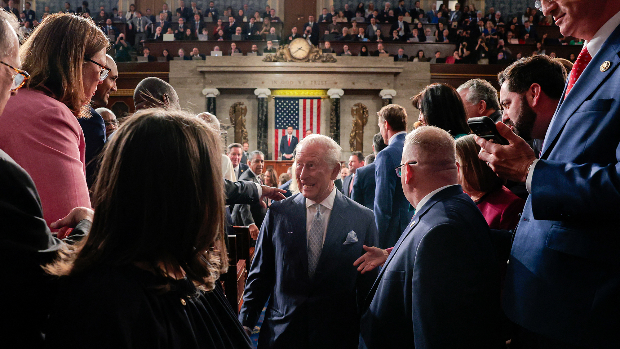 King Charles III is greeted by attendees after addressing a Joint Meeting of Congress in the House Chamber at the US Capitol in Washington, DC