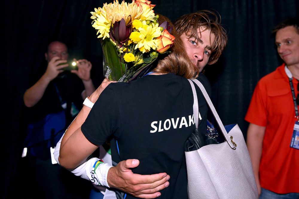 Peter Sagan (Slovakia) hugs his girlfriend after his win