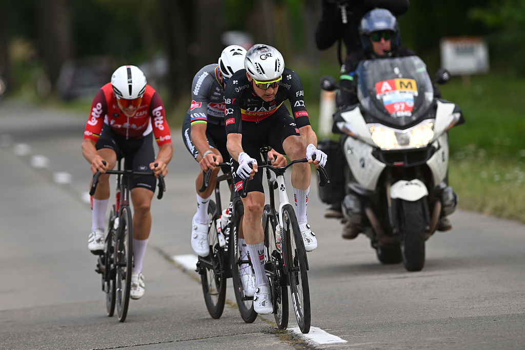 GERAARDSBERGEN, BELGIUM - AUGUST 22: Tim Wellens of Belgium and UAE Team Emirates - XRG competes in the breakaway during the 20th Renewi Tour 2025, Stage 3 a 181.8km stage from Aalter to Geraardsbergen / #UCIWT / on August 22, 2025 in Geraardsbergen, Belgium. (Photo by Luc Claessen/Getty Images)